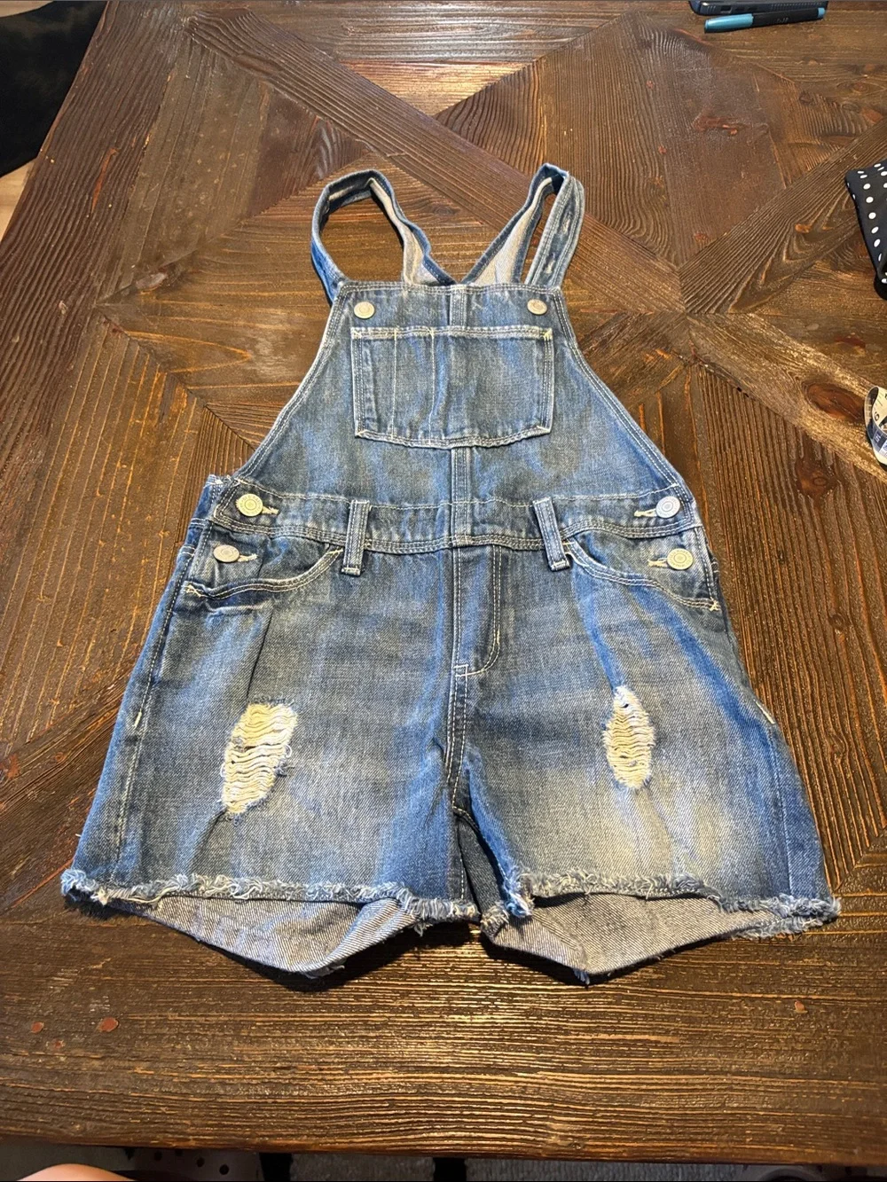 Old Navy Distressed Denim Short Overalls - Light Blue